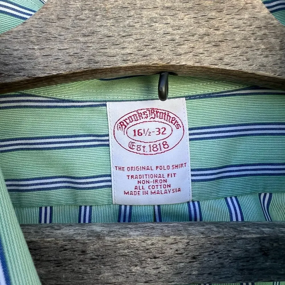 Brooks Brothers Original Polo Shirt Traditional Fit green blue stripe 16 1/2–32
